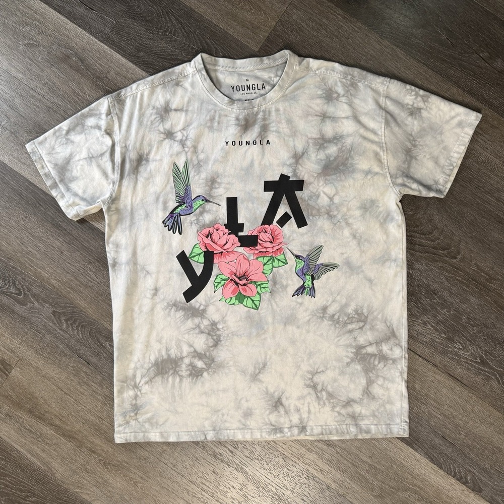 YOUNGLA Medium Gray Tie-Dye Flower Graphic Logo Crew Neck Short Sleeve T-Shirt